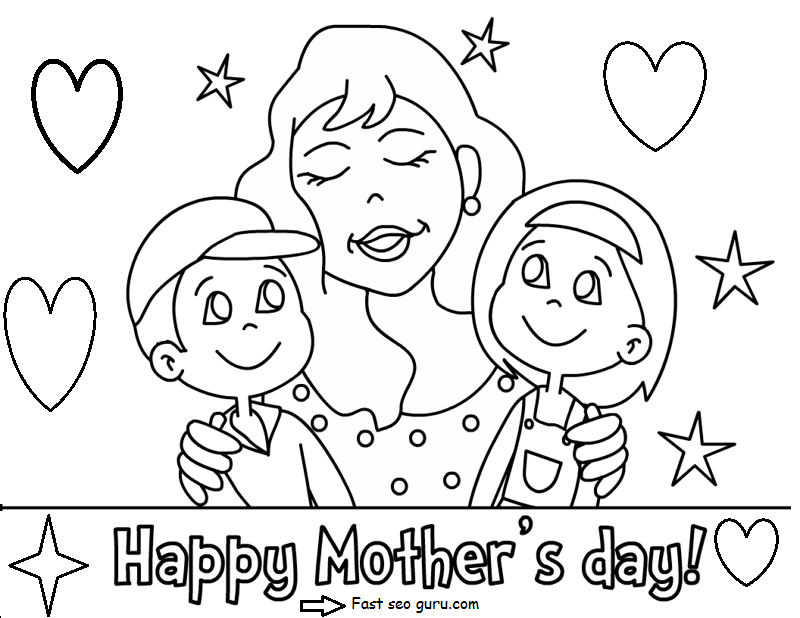Printable Happy mothers day with her children coloring pages